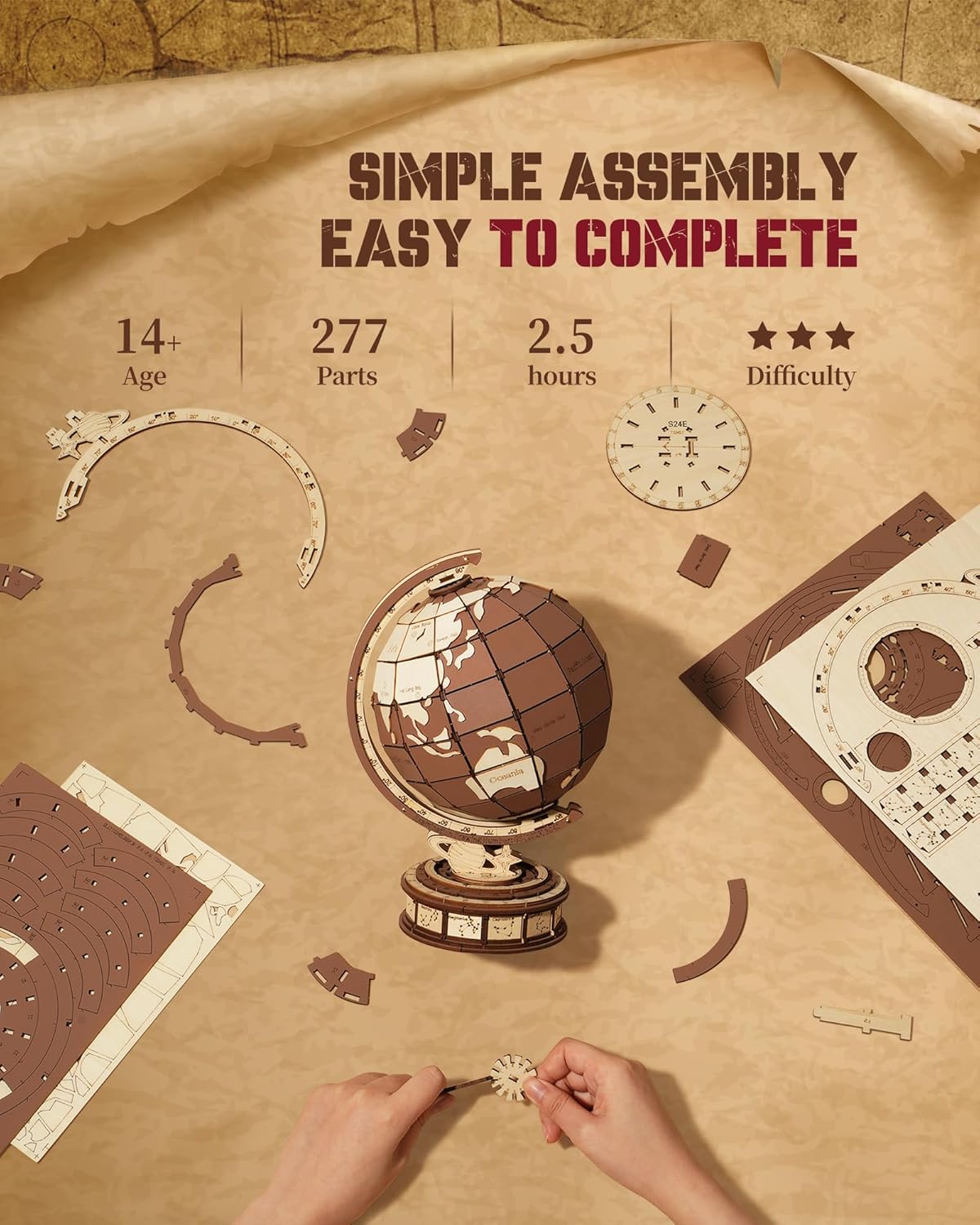 ROBOTIME 3D Wooden Globe Puzzle - 277 - piece Rotating World Map Model Set With Astronomical Base, Fun DIY Project For Teenagers, Excellent Decoration - GivenPerfect