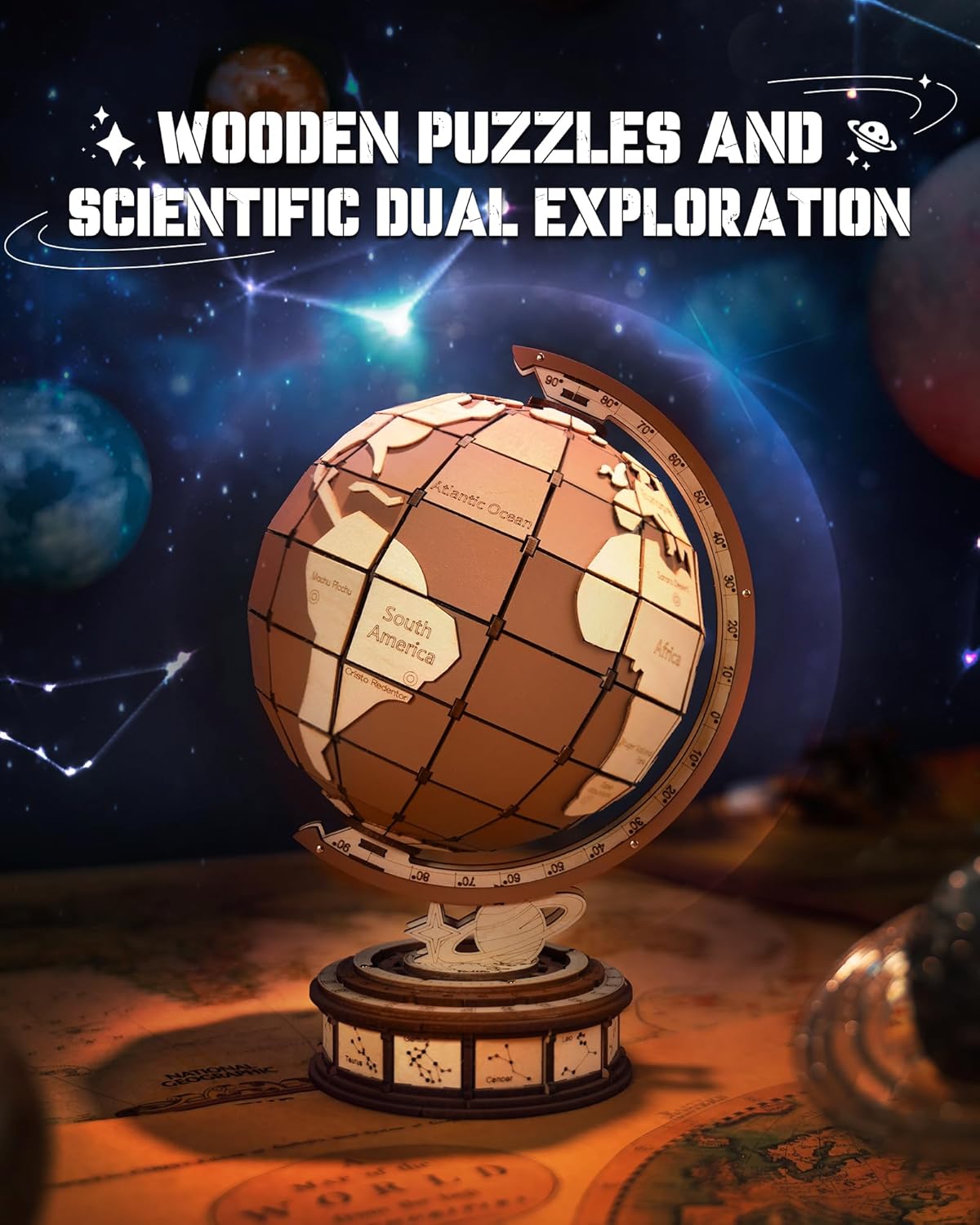 ROBOTIME 3D Wooden Globe Puzzle - 277 - piece Rotating World Map Model Set With Astronomical Base, Fun DIY Project For Teenagers, Excellent Decoration - GivenPerfect