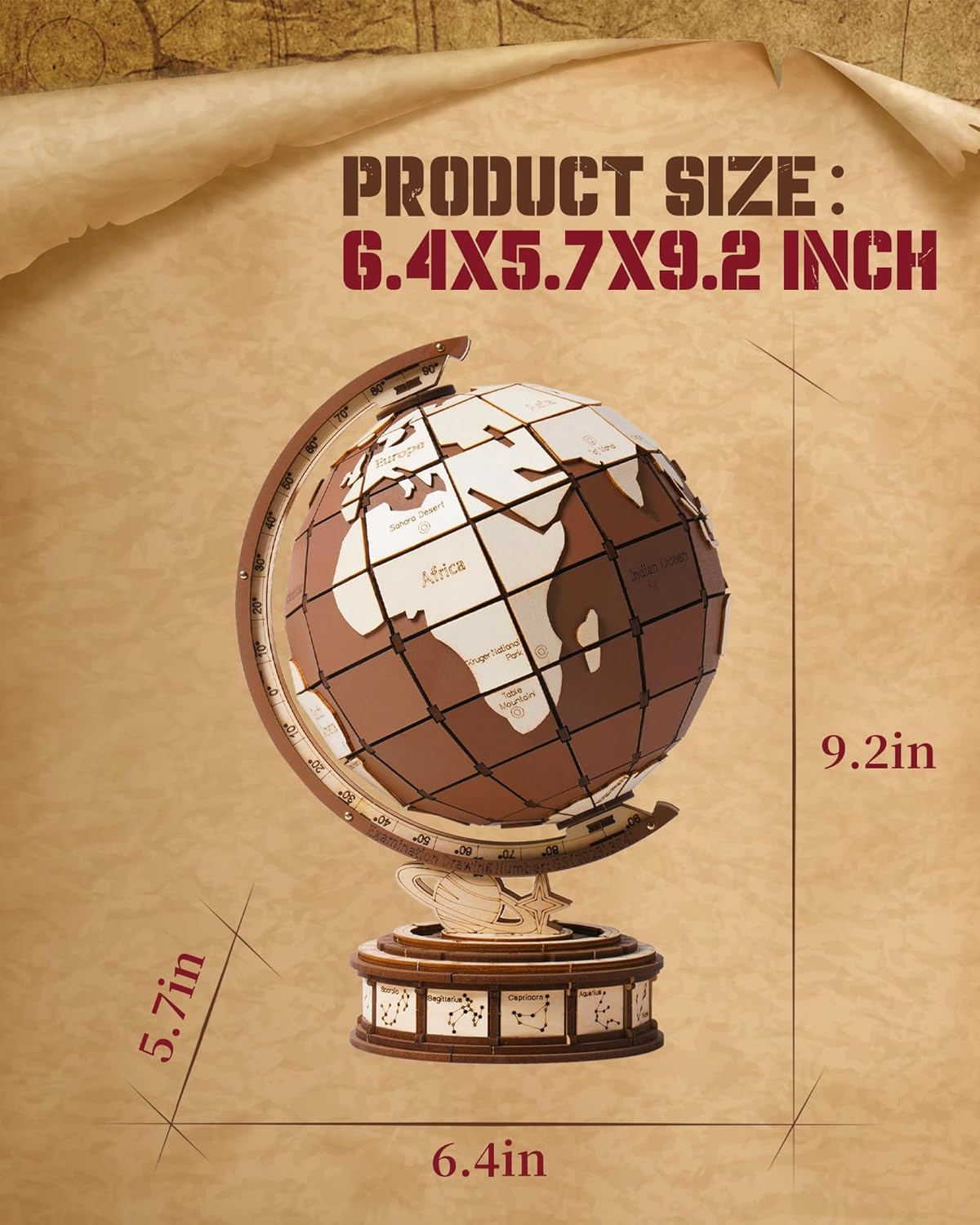 ROBOTIME 3D Wooden Globe Puzzle - 277 - piece Rotating World Map Model Set With Astronomical Base, Fun DIY Project For Teenagers, Excellent Decoration - GivenPerfect