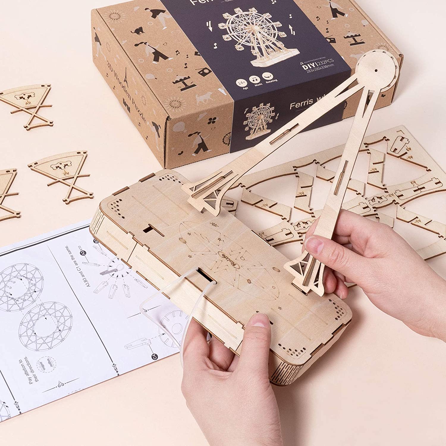 Robotime DIY Wooden Rotatable Ferris Wheel Model With Playing Music Toys For Children Birthday TGN01 - GivenPerfect