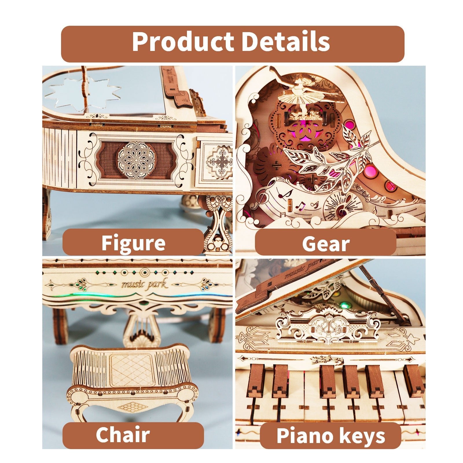 Sales Are Prohibited On The TEMU And SHEIN - MUSIC PARK 3d Wooden Puzzle Piano Music Box Can Be Played Handmade Assembly Model Kit DIY Crafts Holidays Birthdays Christmas Gifts - GivenPerfect